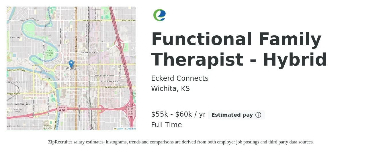 Eckerd Connects job posting for a Functional Family Therapist - Hybrid in Wichita, KS with a salary of $55,000 to $60,000 Yearly with a map of Wichita location.
