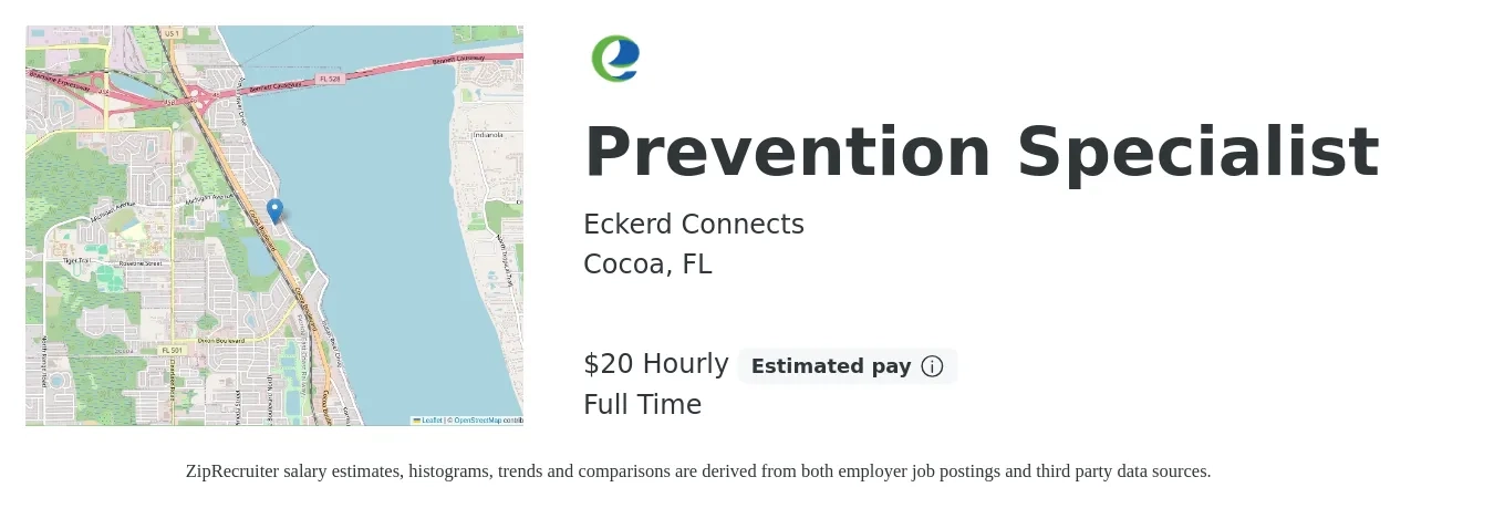 Eckerd Connects job posting for a Prevention Specialist in Cocoa, FL with a salary of $22 Hourly with a map of Cocoa location.