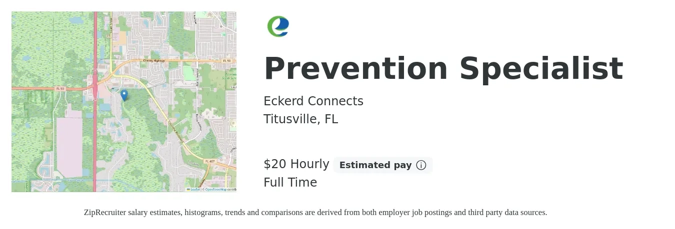 Eckerd Connects job posting for a Prevention Specialist in Titusville, FL with a salary of $22 Hourly with a map of Titusville location.