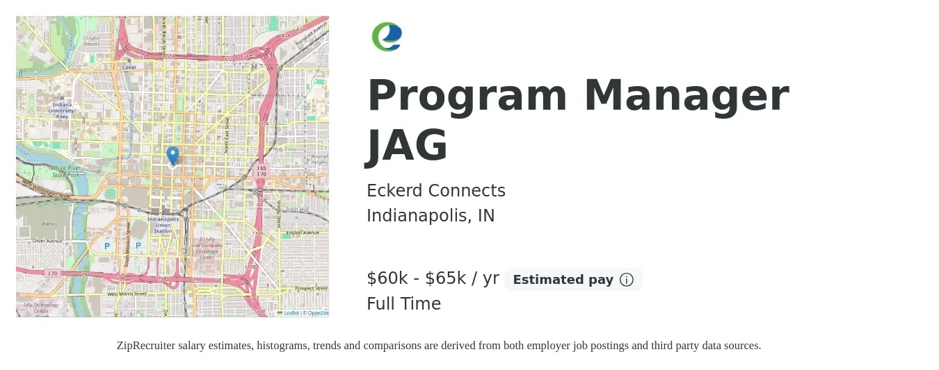 Eckerd Connects job posting for a Program Manager JAG in Indianapolis, IN with a salary of $60,000 to $65,000 Yearly with a map of Indianapolis location.