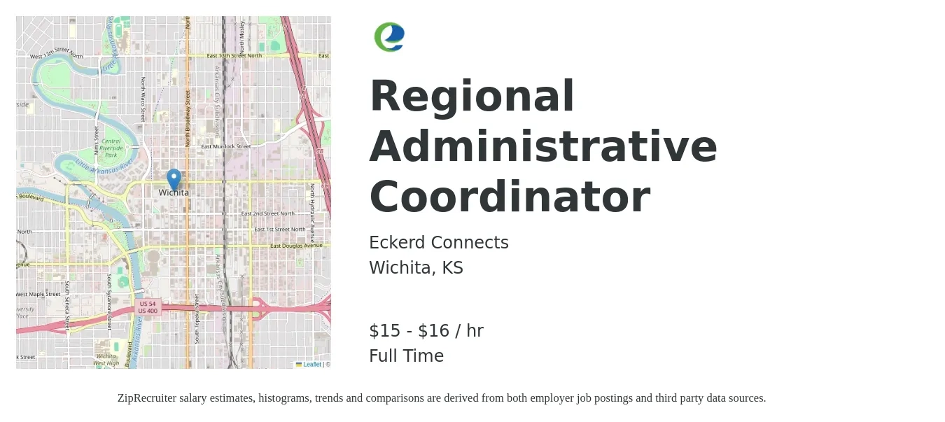 Eckerd Connects job posting for a Regional Administrative Coordinator in Wichita, KS with a salary of $16 to $18 Hourly with a map of Wichita location.