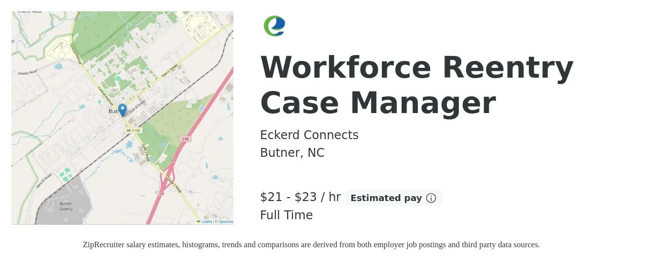 Eckerd Connects job posting for a Workforce Reentry Case Manager in Butner, NC with a salary of $22 to $24 Hourly with a map of Butner location.