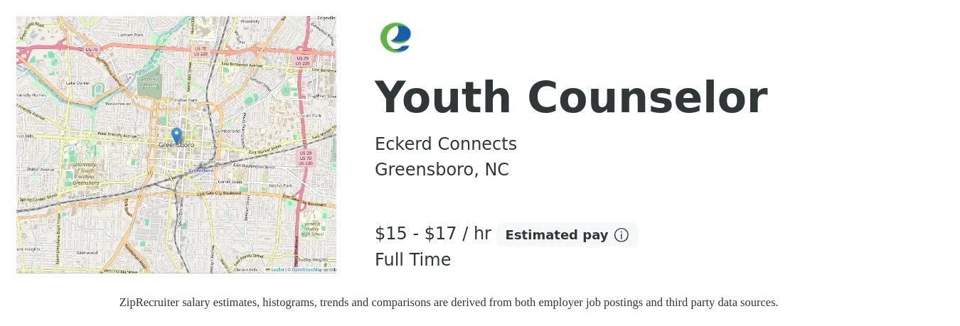 Eckerd Connects job posting for a Youth Counselor in Greensboro, NC with a salary of $16 to $18 Hourly with a map of Greensboro location.