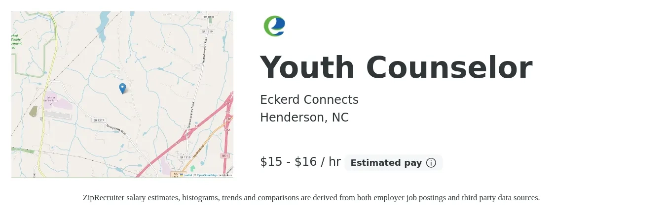 Eckerd Connects job posting for a Youth Counselor in Henderson, NC with a salary of $16 to $18 Hourly with a map of Henderson location.