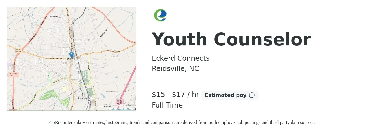 Eckerd Connects job posting for a Youth Counselor in Reidsville, NC with a salary of $16 to $18 Hourly with a map of Reidsville location.
