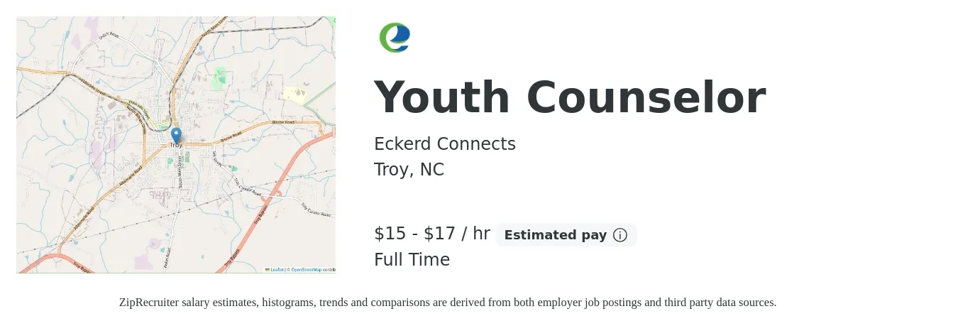 Eckerd Connects job posting for a Youth Counselor in Troy, NC with a salary of $16 to $18 Hourly with a map of Troy location.