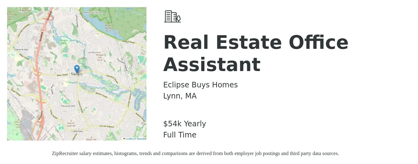 Eclipse Buys Homes job posting for a Real Estate Office Assistant in Lynn, MA with a salary of $54,500 Yearly with a map of Lynn location.