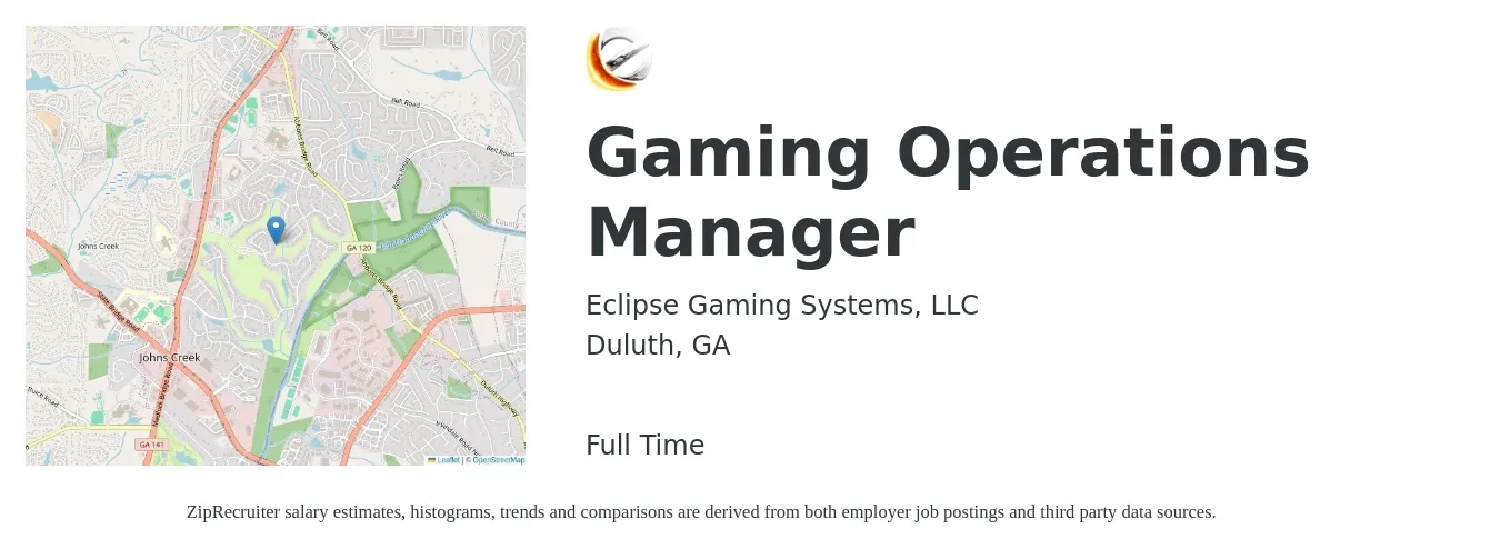 Eclipse Gaming Systems, LLC job posting for a Gaming Operations Manager in Duluth, GA with a salary of $37,700 to $71,300 Yearly with a map of Duluth location.