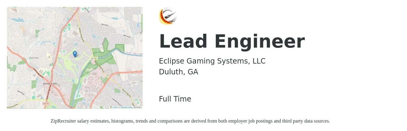 Eclipse Gaming Systems, LLC job posting for a Lead Engineer in Duluth, GA with a salary of $94,300 to $124,300 Yearly with a map of Duluth location.