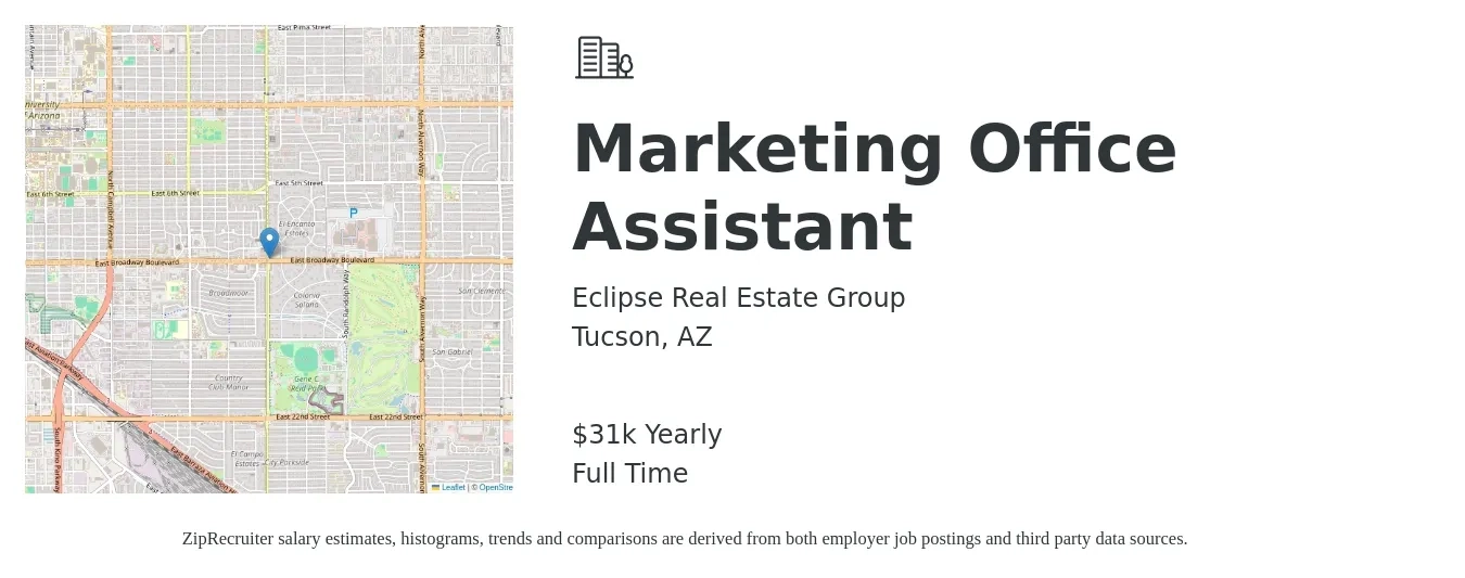 Eclipse Real Estate Group job posting for a Marketing Office Assistant in Tucson, AZ with a salary of $31,200 Yearly with a map of Tucson location.