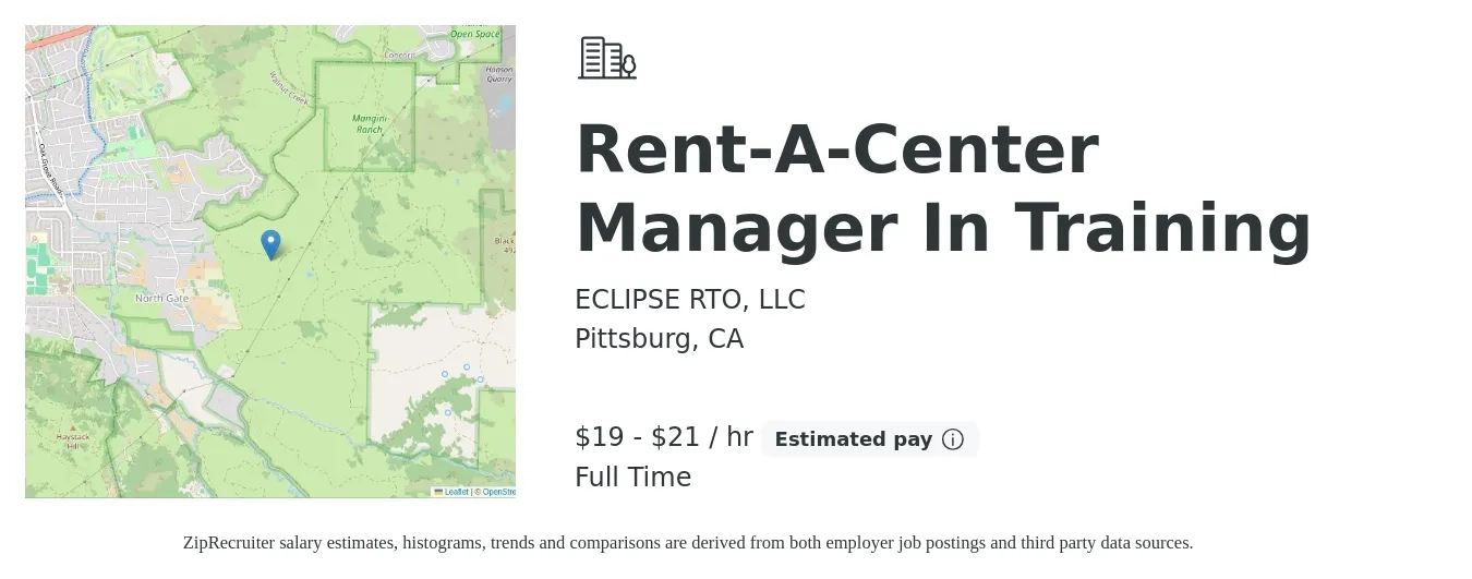 ECLIPSE RTO, LLC job posting for a Rent-A-Center Manager In Training in Pittsburg, CA with a salary of $20 to $22 Hourly with a map of Pittsburg location.