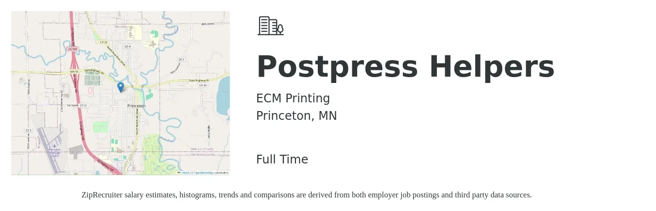ECM Printing job posting for a Postpress Helpers in Princeton, MN with a salary of $15 to $19 Hourly with a map of Princeton location.