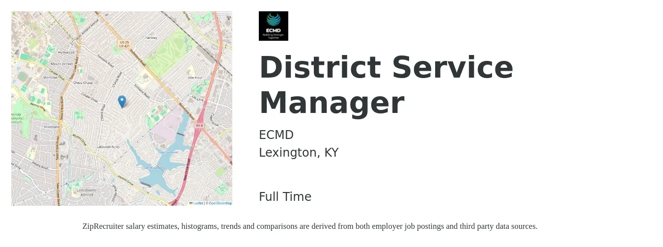 ECMD job posting for a District Service Manager in Lexington, KY with a salary of $42,200 to $80,000 Yearly with a map of Lexington location.
