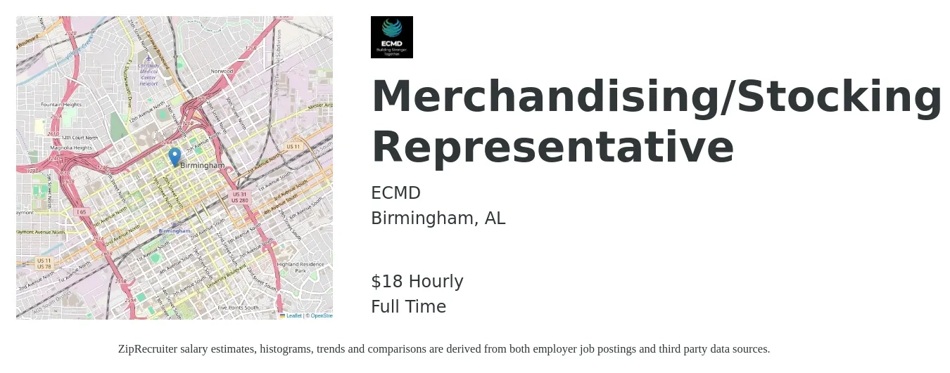 ECMD job posting for a Merchandising/Stocking Representative in Birmingham, AL with a salary of $19 Hourly with a map of Birmingham location.