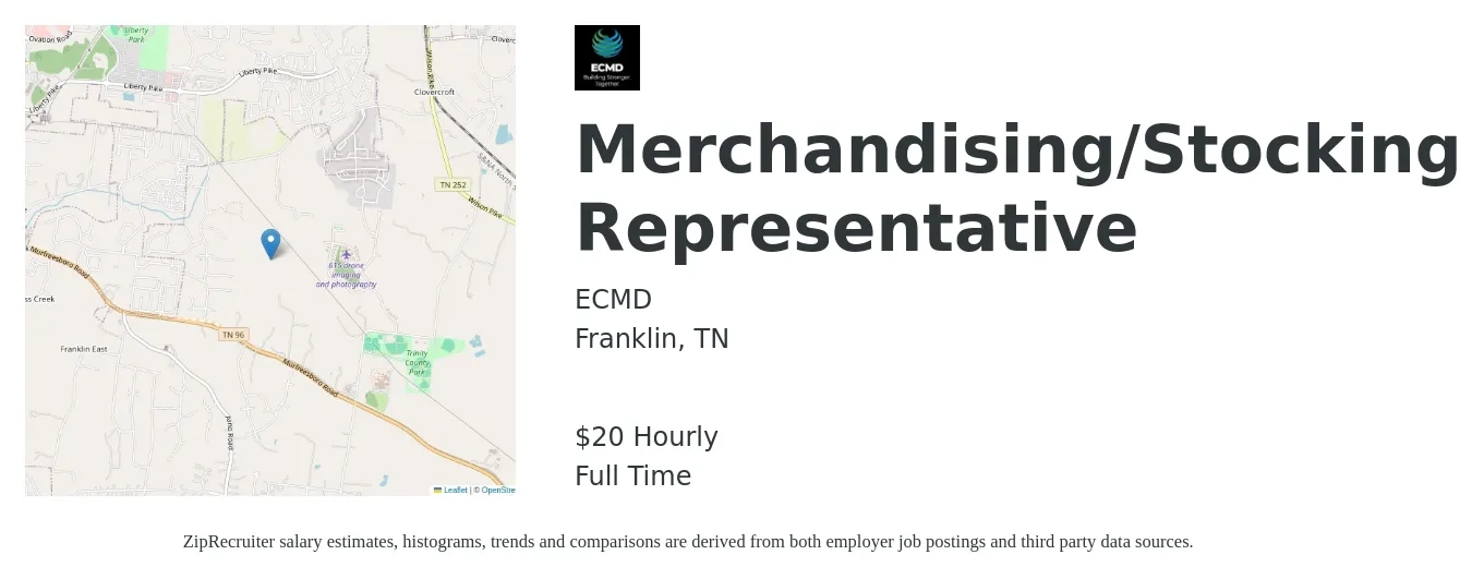 ECMD job posting for a Merchandising/Stocking Representative in Franklin, TN with a salary of $21 Hourly with a map of Franklin location.