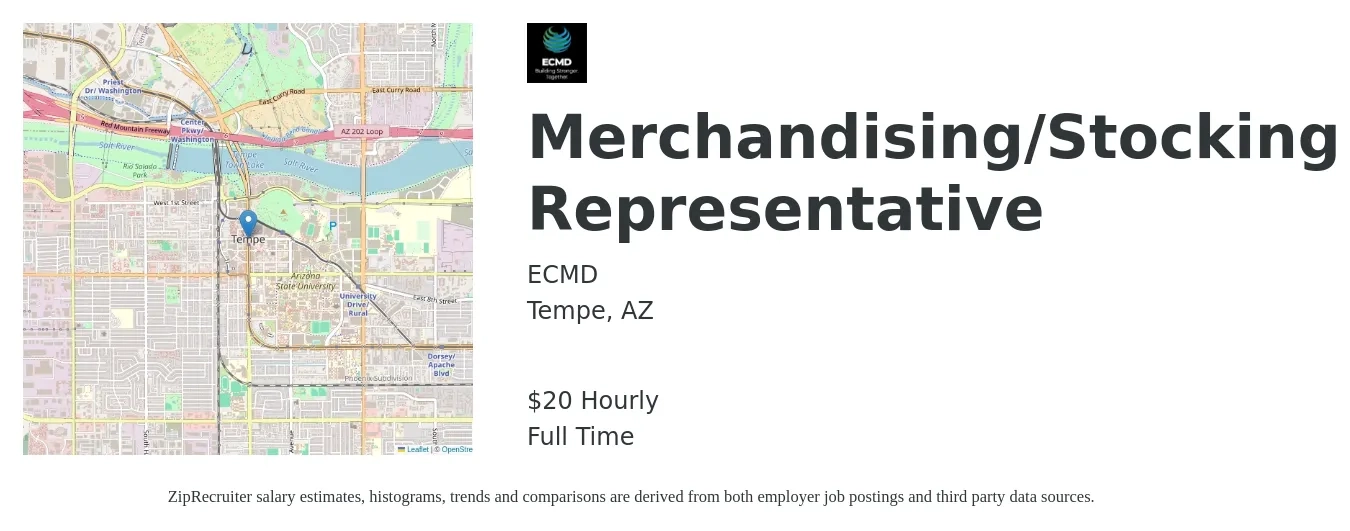 ECMD job posting for a Merchandising/Stocking Representative in Tempe, AZ with a salary of $22 Hourly with a map of Tempe location.