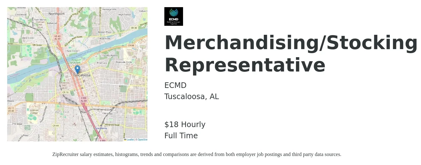 ECMD job posting for a Merchandising/Stocking Representative in Tuscaloosa, AL with a salary of $19 Hourly with a map of Tuscaloosa location.