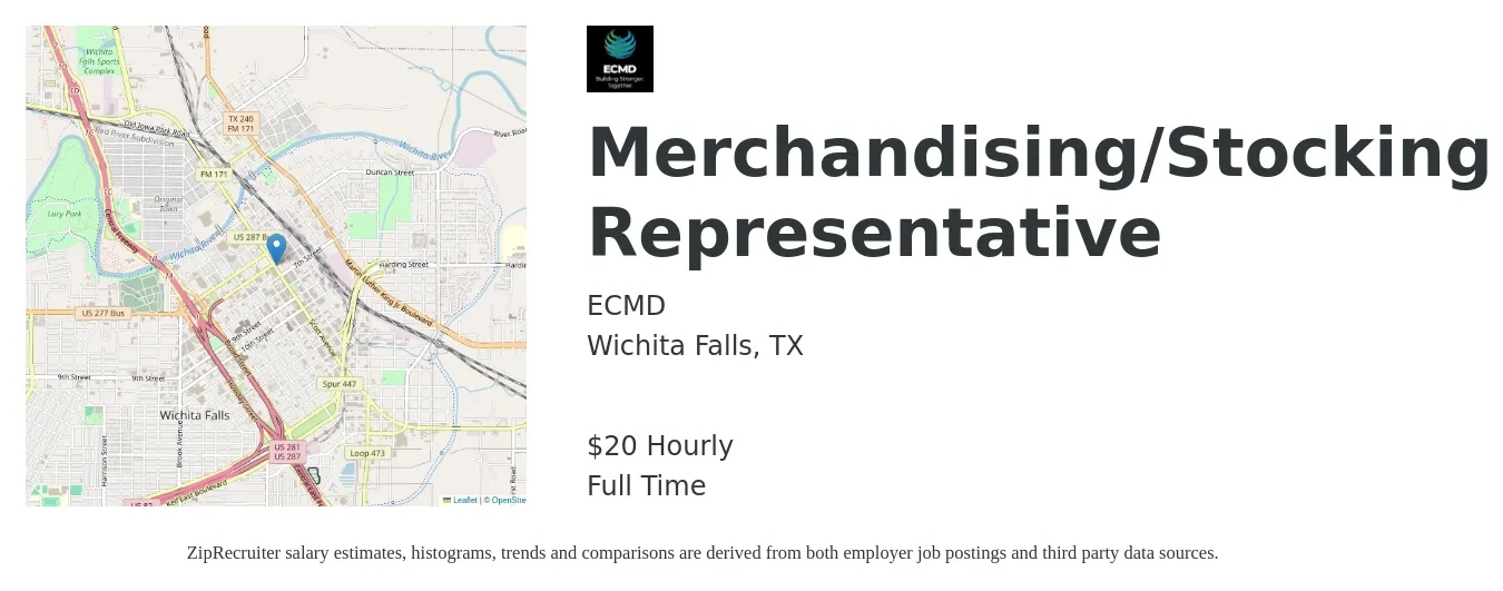 ECMD job posting for a Merchandising/Stocking Representative in Wichita Falls, TX with a salary of $21 Hourly with a map of Wichita Falls location.