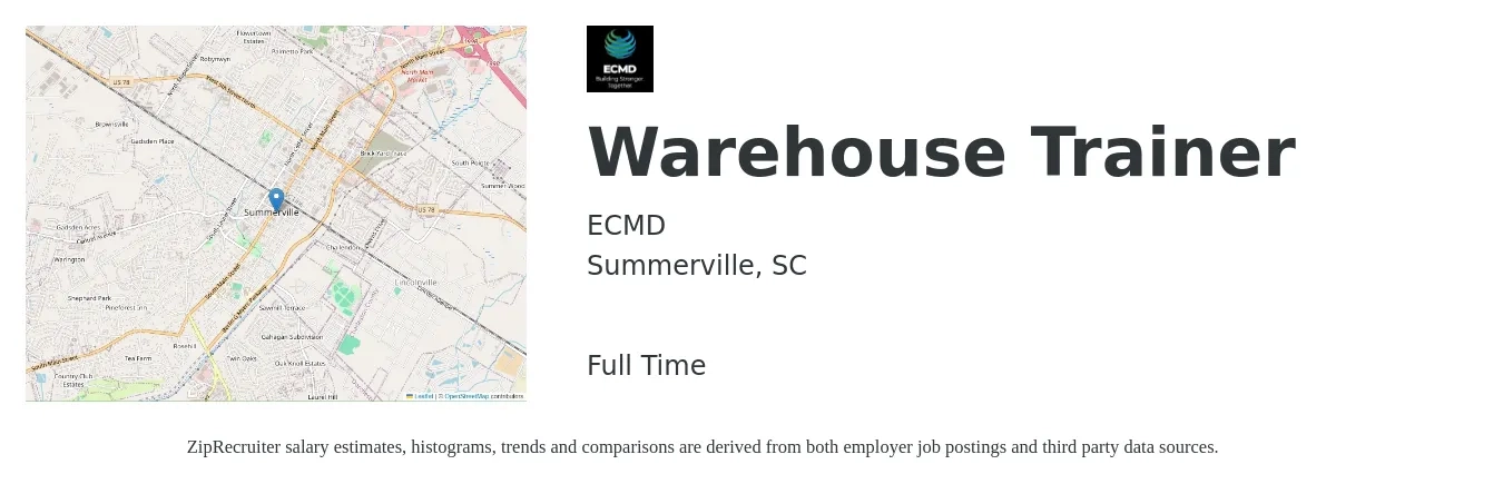 ECMD job posting for a Warehouse Trainer in Summerville, SC with a salary of $17 to $19 Hourly with a map of Summerville location.