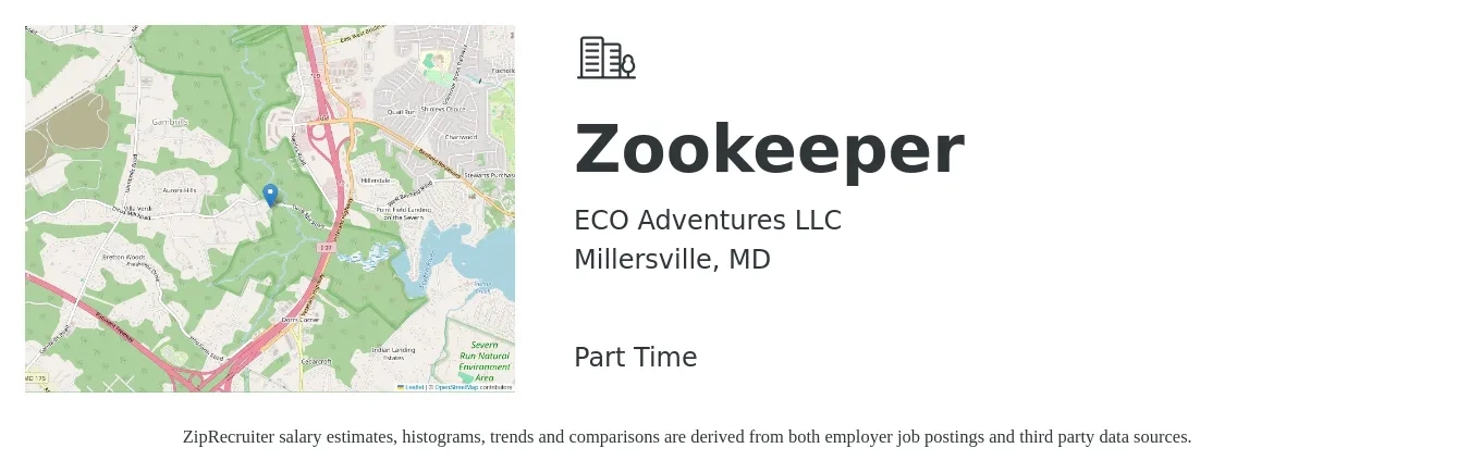 ECO Adventures LLC job posting for a Zookeeper in Millersville, MD with a salary of $40,800 to $62,200 Yearly with a map of Millersville location.