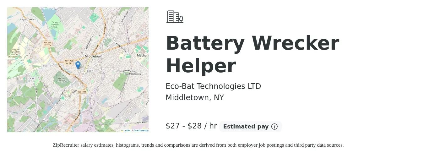 Eco-Bat Technologies LTD job posting for a Battery Wrecker Helper in Middletown, NY with a salary of $29 to $30 Hourly with a map of Middletown location.