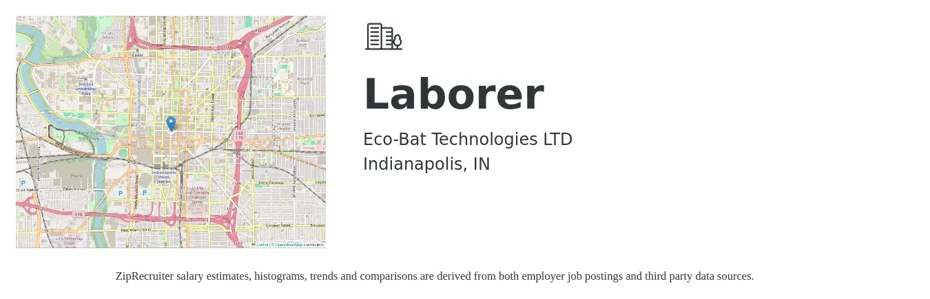 Eco-Bat Technologies LTD job posting for a Laborer in Indianapolis, IN with a salary of $16 to $19 Hourly with a map of Indianapolis location.