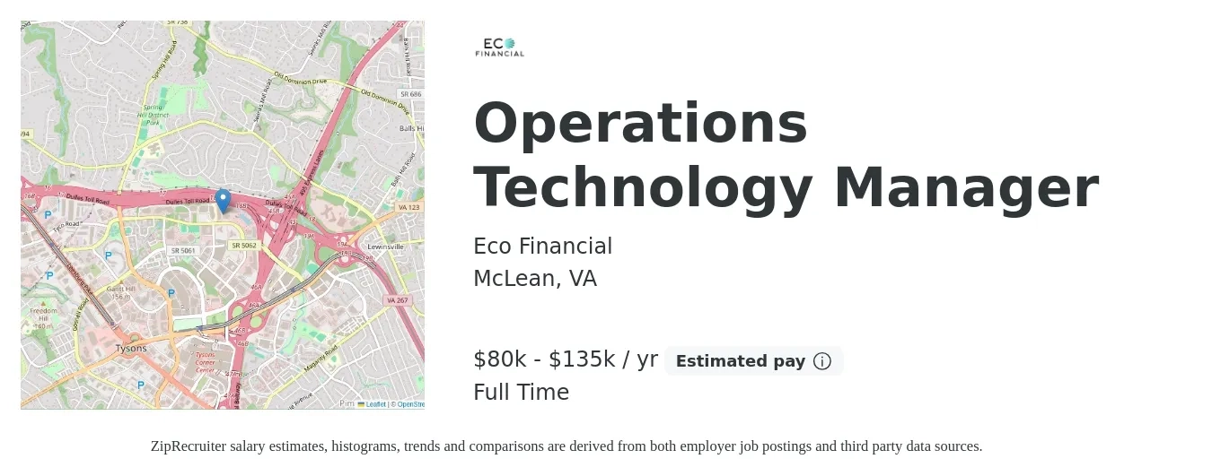 Eco Financial job posting for a Operations Technology Manager in McLean, VA with a salary of $80,000 to $135,000 Yearly with a map of McLean location.