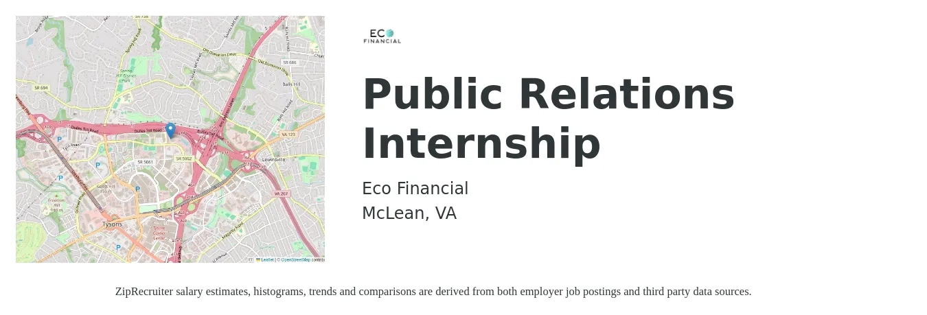 Eco Financial job posting for a Public Relations Internship in McLean, VA with a salary of $15 to $20 Hourly with a map of McLean location.
