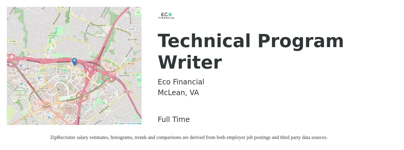 Eco Financial job posting for a Technical Program Writer in McLean, VA with a salary of $30 to $50 Hourly with a map of McLean location.