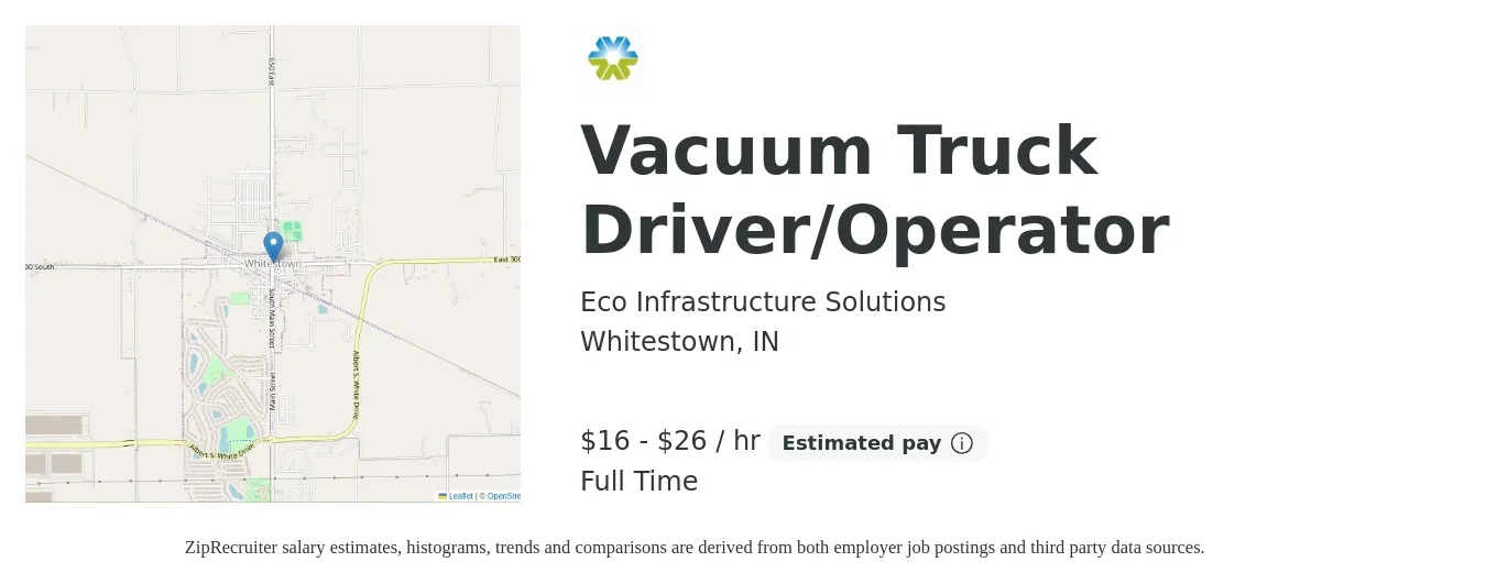 Eco Infrastructure Solutions job posting for a Vacuum Truck Driver/Operator in Whitestown, IN with a salary of $17 to $28 Hourly with a map of Whitestown location.