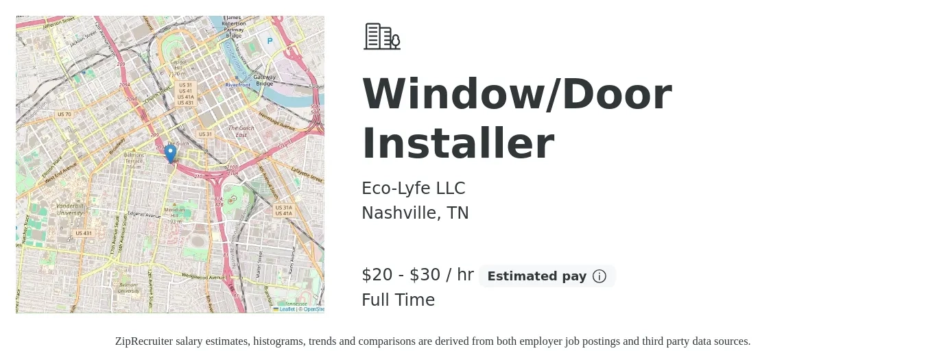 Eco-Lyfe LLC job posting for a Window/Door Installer in Nashville, TN with a salary of $21 to $31 Hourly with a map of Nashville location.