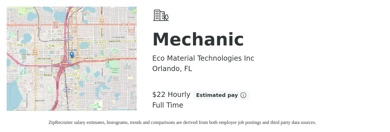 Eco Material Technologies Inc job posting for a Mechanic in Orlando, FL with a salary of $23 Hourly with a map of Orlando location.
