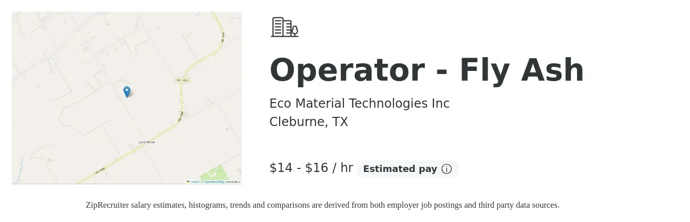 Eco Material Technologies Inc job posting for a Operator - Fly Ash in Cleburne, TX with a salary of $15 to $17 Hourly with a map of Cleburne location.
