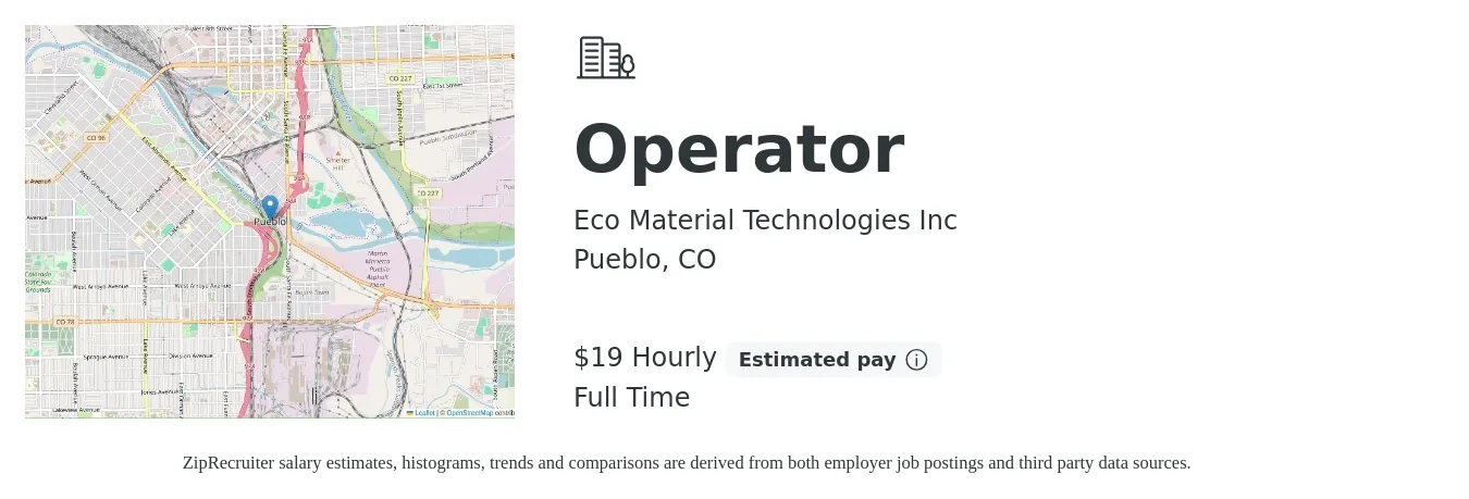 Eco Material Technologies Inc job posting for a Operator in Pueblo, CO with a salary of $20 Hourly with a map of Pueblo location.