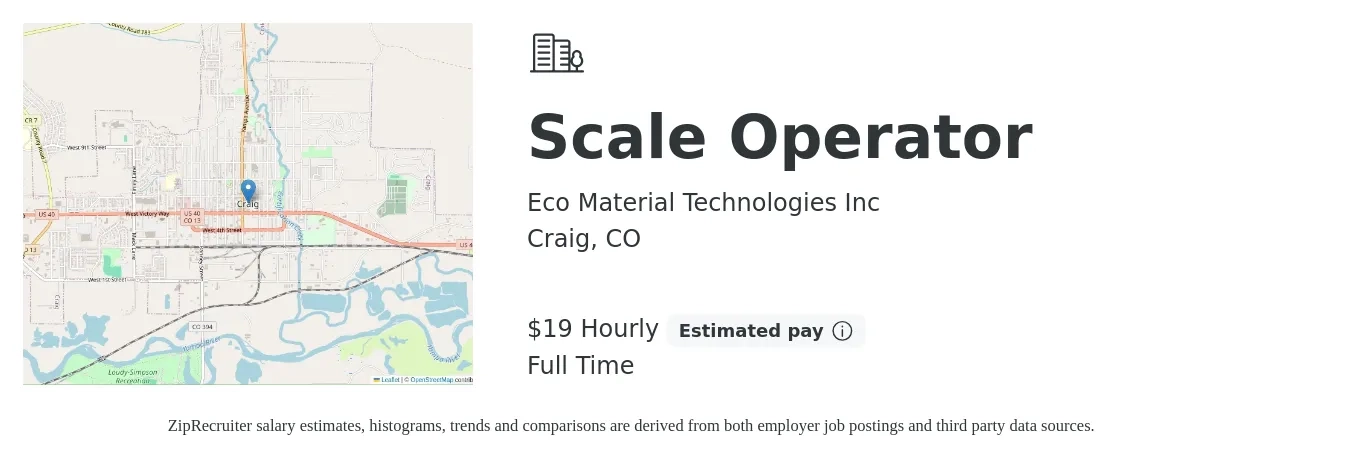 Eco Material Technologies Inc job posting for a Scale Operator in Craig, CO with a salary of $20 Hourly with a map of Craig location.