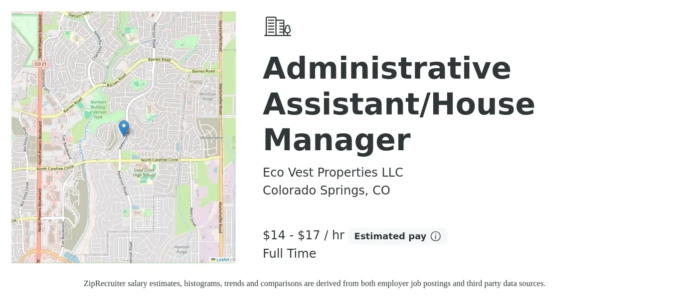 Eco Vest Properties LLC job posting for a Administrative Assistant/House Manager in Colorado Springs, CO with a salary of $15 to $18 Hourly with a map of Colorado Springs location.