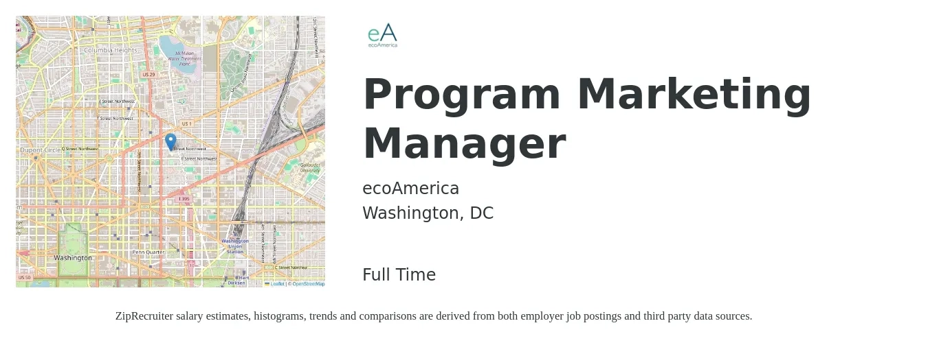 ecoAmerica job posting for a Program Marketing Manager in Washington, DC with a salary of $50,000 to $60,000 Yearly with a map of Washington location.