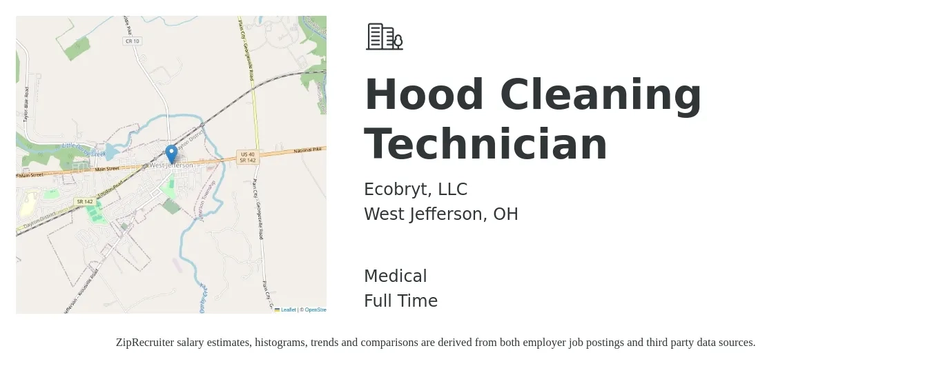 Ecobryt, LLC job posting for a Hood Cleaning Technician in West Jefferson, OH with a salary of $16 to $20 Hourly and benefits including life_insurance, and medical with a map of West Jefferson location.