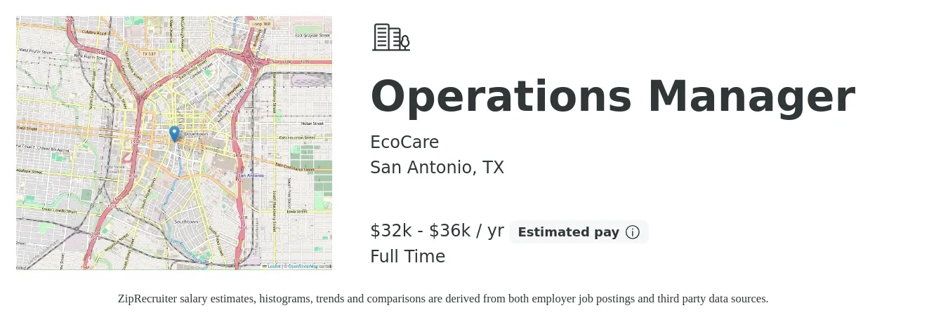 EcoCare job posting for a Operations Manager in San Antonio, TX with a salary of $32,000 to $36,000 Yearly with a map of San Antonio location.