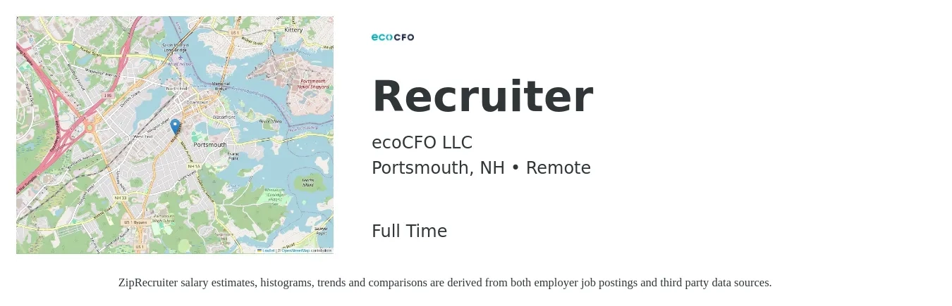 ecoCFO LLC job posting for a Recruiter in Portsmouth, NH with a salary of $22 to $34 Hourly with a map of Portsmouth location.