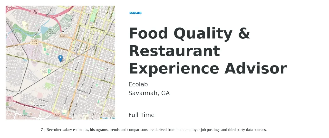Ecolab job posting for a Food Quality & Restaurant Experience Advisor in Savannah, GA with a salary of $20 to $26 Hourly with a map of Savannah location.