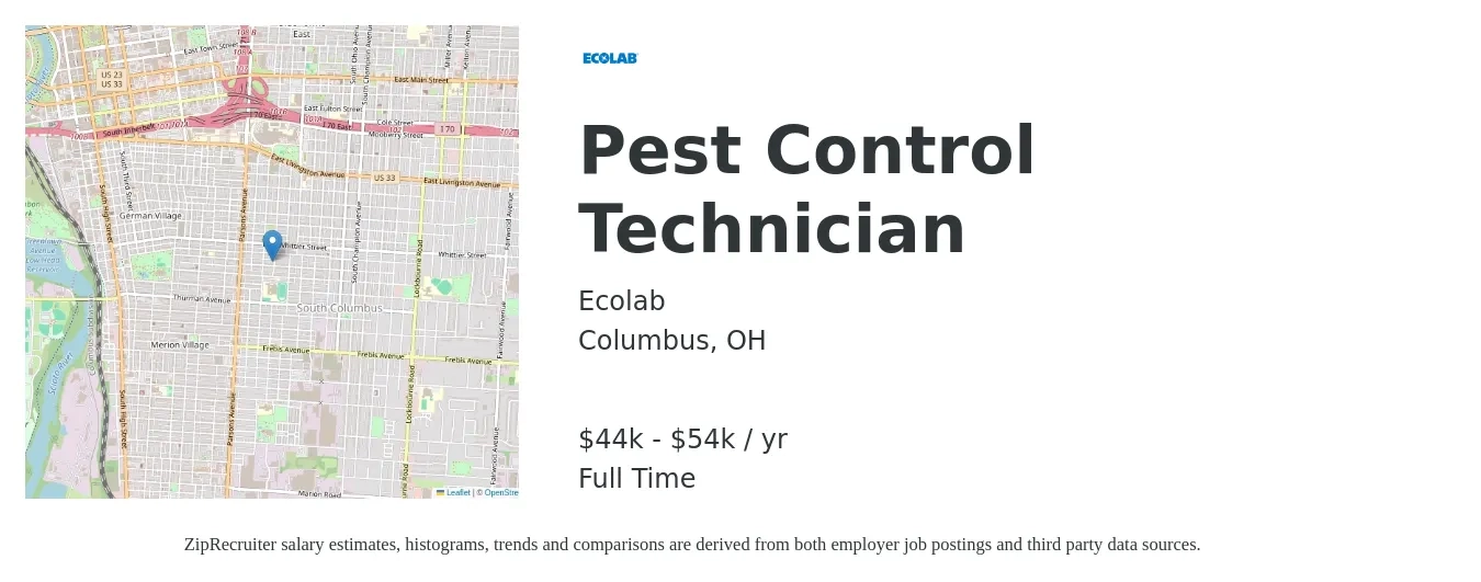 Ecolab job posting for a Pest Control Technician in Columbus, OH with a salary of $44,000 to $54,000 Yearly with a map of Columbus location.