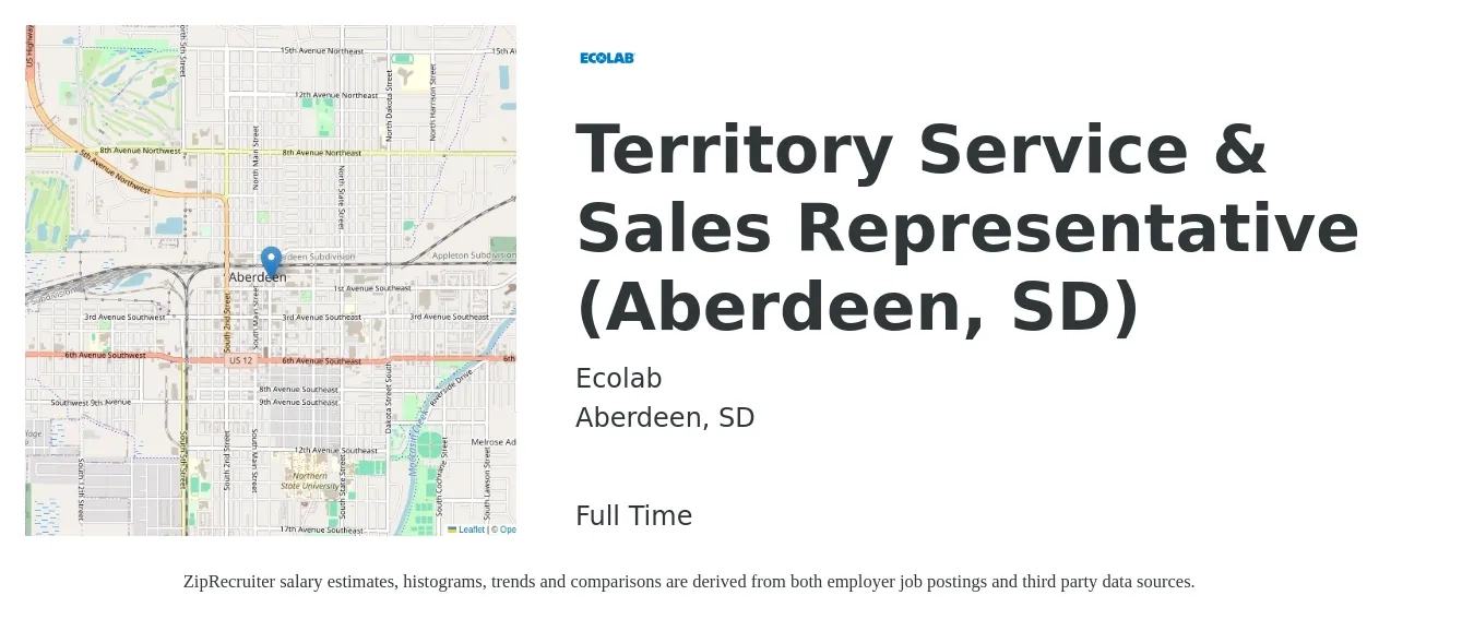 Ecolab job posting for a Territory Service & Sales Representative (Aberdeen, SD) in Aberdeen, SD with a salary of $41,100 to $49,000 Yearly with a map of Aberdeen location.