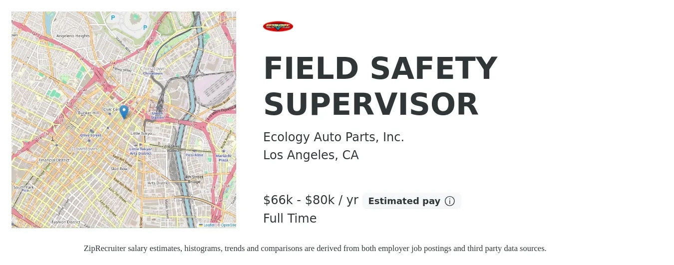 Ecology Auto Parts, Inc. job posting for a FIELD SAFETY SUPERVISOR in Los Angeles, CA with a salary of $66,560 to $80,000 Yearly with a map of Los Angeles location.