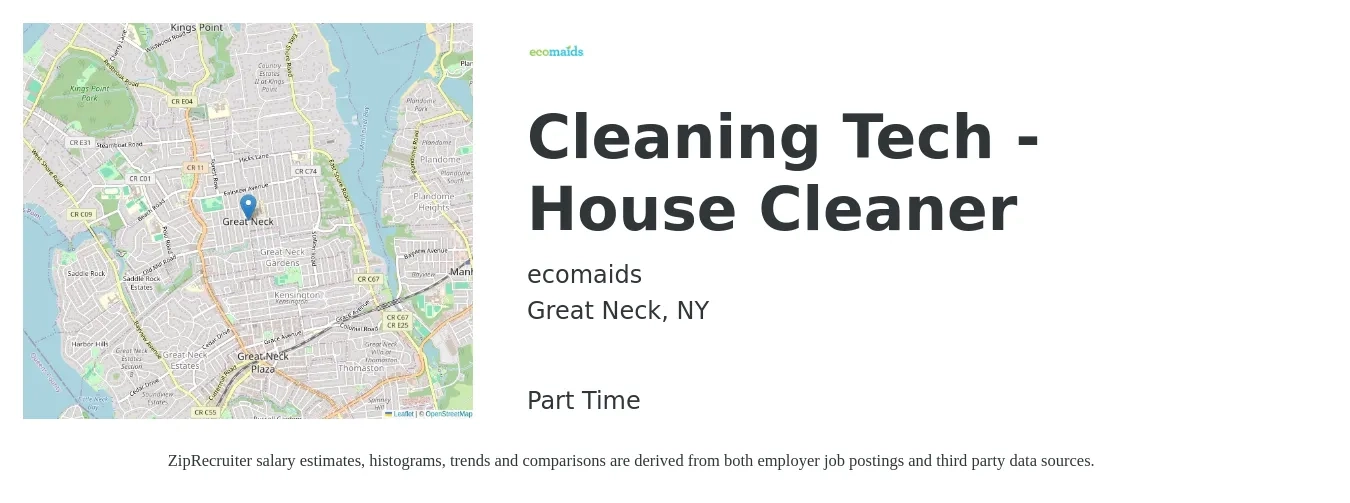 ecomaids job posting for a Cleaning Tech - House Cleaner in Great Neck, NY with a salary of $16 to $21 Hourly with a map of Great Neck location.