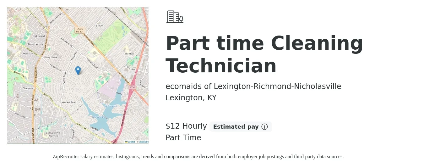 ecomaids of Lexington-Richmond-Nicholasville job posting for a Part time Cleaning Technician in Lexington, KY with a salary of $13 Hourly with a map of Lexington location.
