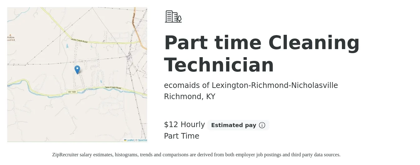 ecomaids of Lexington-Richmond-Nicholasville job posting for a Part time Cleaning Technician in Richmond, KY with a salary of $13 Hourly with a map of Richmond location.