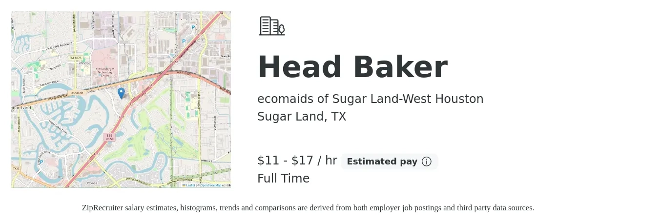 ecomaids of Sugar Land-West Houston job posting for a Head Baker in Sugar Land, TX with a salary of $12 to $18 Hourly with a map of Sugar Land location.