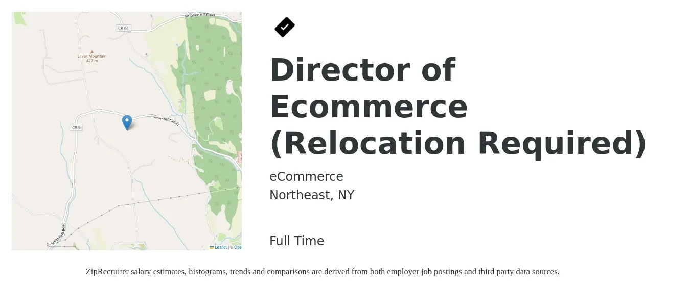 eCommerce job posting for a Director of Ecommerce (Relocation Required) in Northeast, NY with a salary of $102,400 to $159,000 Yearly with a map of Northeast location.