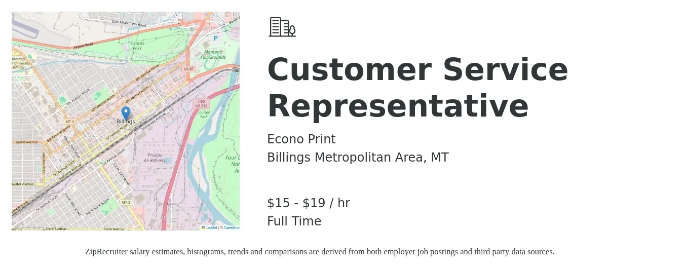 Econo Print job posting for a Customer Service Representative in Billings Metropolitan Area, MT with a salary of $14 to $18 Hourly with a map of Billings Metropolitan Area location.